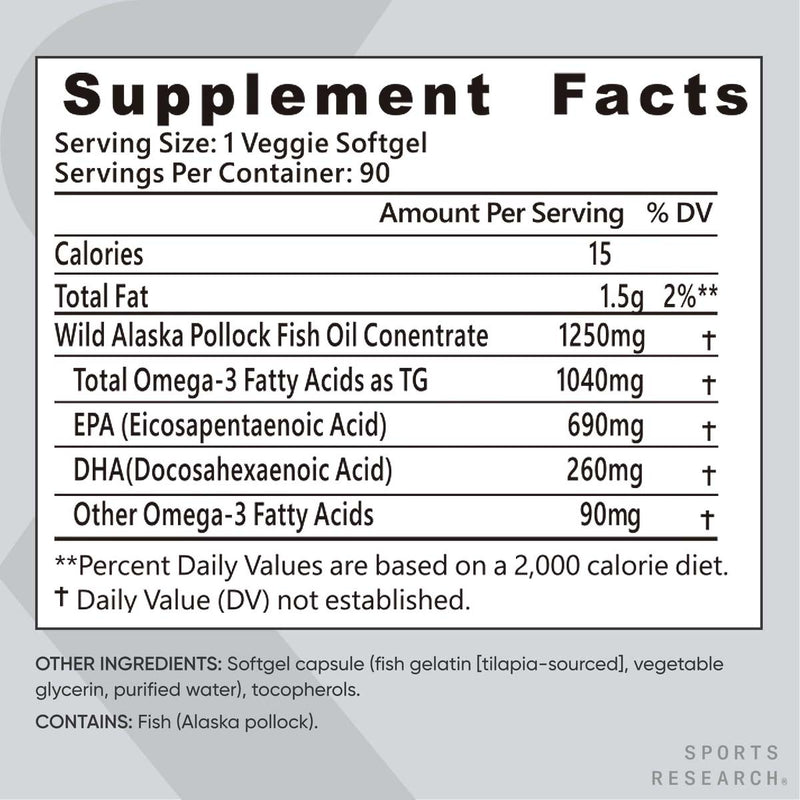 Triple Strength Omega 3 Fish Oil  Burpless Fish Oil Supplement W EPA & DHA Fatty Acids From Single-Source Wild Alaska Pollock 90 Count